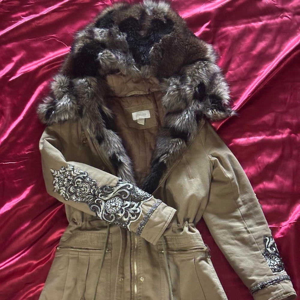 Chico's Brown Utility Jacket with Fur Trim